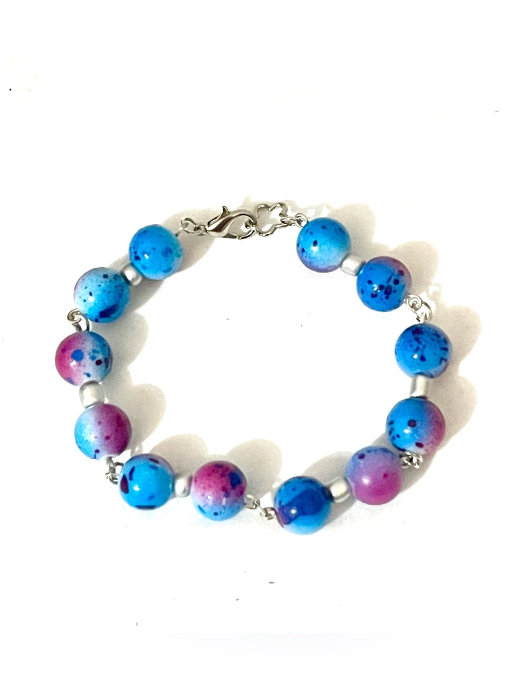 Handmade Beaded Bracelet Blue Purple Speckled Marbled Beads Silver Clasp Boho
